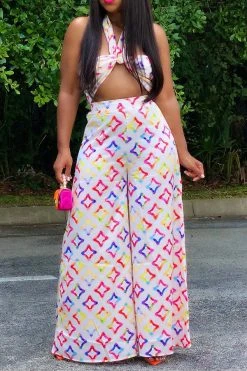 Star Print Smart Tie Front Wide Leg Jumpsuit -Clothing-PrettyTina C23050843 RT 3