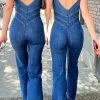 Solid Color Urban Open Back Denim Jumpsuit