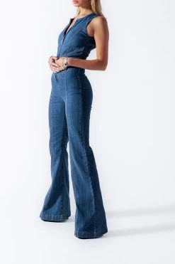 Solid Color Urban Open Back Denim Jumpsuit -Clothing-PrettyTina C23050867 BL 3