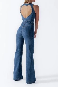 Solid Color Urban Open Back Denim Jumpsuit -Clothing-PrettyTina C23050867 BL 4