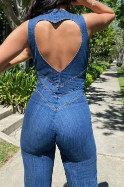 Solid Color Urban Open Back Denim Jumpsuit -Clothing-PrettyTina C23050867 BL 5