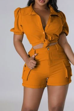 Solid Color Feminine Patch Pocket Pant Suit -Clothing-PrettyTina C23050881 OR 1