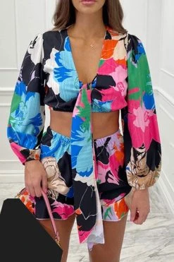 Floral Print Cute Tie Front Pant Suit 26 Floral Print Cute Tie Front Pant Suit -Clothing-PrettyTina C23050882 BK 1