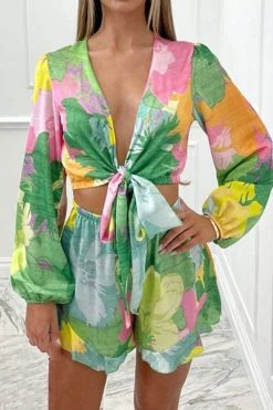 Floral Print Cute Tie Front Pant Suit 20 Floral Print Cute Tie Front Pant Suit -Clothing-PrettyTina C23050882 GR 1