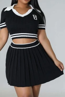 Patchwork Preppy Pleated Dress Suit -Clothing-PrettyTina C23050885 BK 1