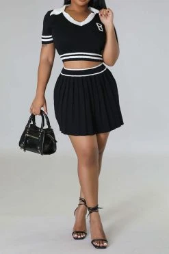 Patchwork Preppy Pleated Dress Suit -Clothing-PrettyTina C23050885 BK 2