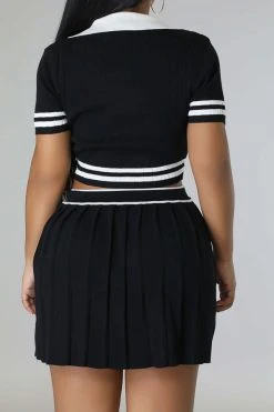 Patchwork Preppy Pleated Dress Suit -Clothing-PrettyTina C23050885 BK 3