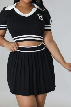 Patchwork Preppy Pleated Dress Suit -Clothing-PrettyTina C23050885 BK 4