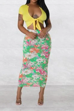 Floral Print Urban Tie Front Dress Suit 16 Floral Print Urban Tie Front Dress Suit -Clothing-PrettyTina C23050886 YE 1