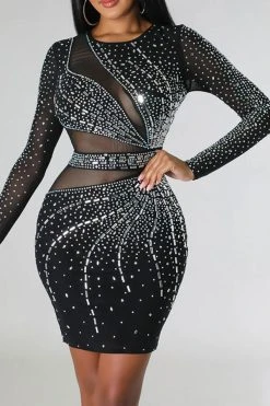 Rhinestone Flirty Mesh Patchwork Mini Dress
