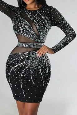 Rhinestone Flirty Mesh Patchwork Mini Dress -Clothing-PrettyTina C23051114 BK 3