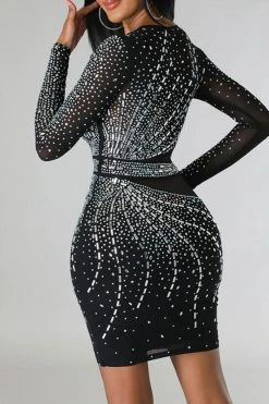 Rhinestone Flirty Mesh Patchwork Mini Dress -Clothing-PrettyTina C23051114 BK 4