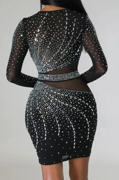 Rhinestone Flirty Mesh Patchwork Mini Dress -Clothing-PrettyTina C23051114 BK 5