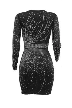 Rhinestone Flirty Mesh Patchwork Mini Dress -Clothing-PrettyTina C23051114 BK 7