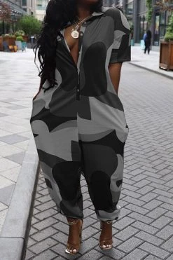 Abstract Print Stylish Pocket Jumpsuit -Clothing-PrettyTina C23051116 BK 1
