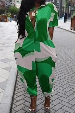 Abstract Print Stylish Pocket Jumpsuit -Clothing-PrettyTina C23051116 GR 1