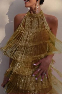 Solid Color Romantic Tiered Tassel Mini Dress -Clothing-PrettyTina C23051134 GO 1