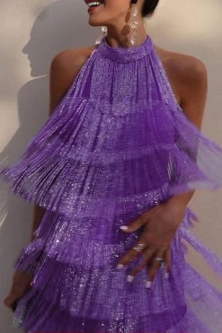 Solid Color Romantic Tiered Tassel Mini Dress -Clothing-PrettyTina C23051134 PU 1