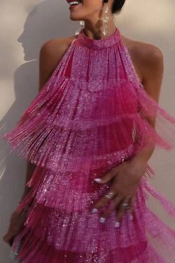 Solid Color Romantic Tiered Tassel Mini Dress