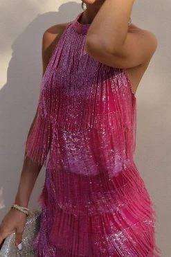 Solid Color Romantic Tiered Tassel Mini Dress -Clothing-PrettyTina C23051134 RR 3