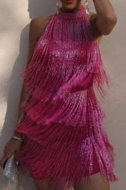 Solid Color Romantic Tiered Tassel Mini Dress -Clothing-PrettyTina C23051134 RR 4