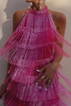 Solid Color Romantic Tiered Tassel Mini Dress -Clothing-PrettyTina C23051134 RR 5