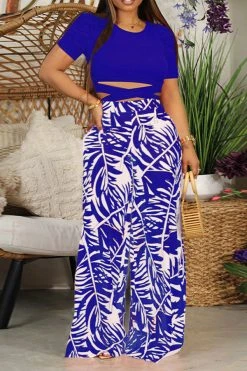 Leaf Print Stunning Strappy Pant Suit -Clothing-PrettyTina C23051276 BL 1