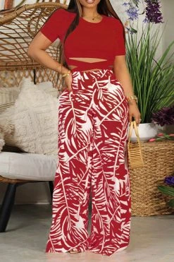 Leaf Print Stunning Strappy Pant Suit -Clothing-PrettyTina C23051276 RE 1
