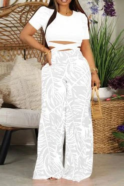 Leaf Print Stunning Strappy Pant Suit -Clothing-PrettyTina C23051276 WH 1