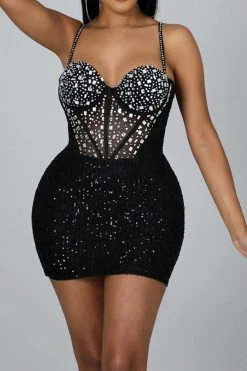 Rhinestone & Sequined Simple Mini Dress -Clothing-PrettyTina C23053132 BK 1