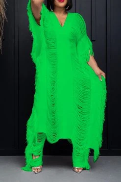 Patchwork Ripped Tassel Whimsical Pant Suit -Clothing-PrettyTina C23053181 GR 1