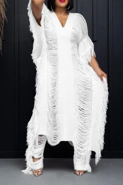 Patchwork Ripped Tassel Whimsical Pant Suit