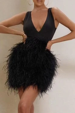 Feather Patchwork Unique Tie Back Mini Dress -Clothing-PrettyTina C23060237 BK 4