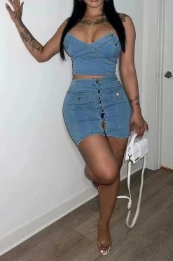 Solid Color Flattering Irregular Denim Dress Suit