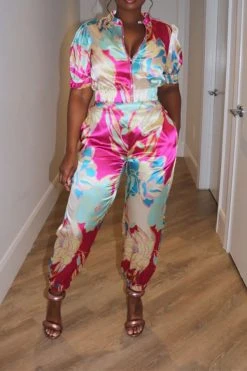 Floral Print Stylish Zipper Pant Suit -Clothing-PrettyTina C23060591 R1 3