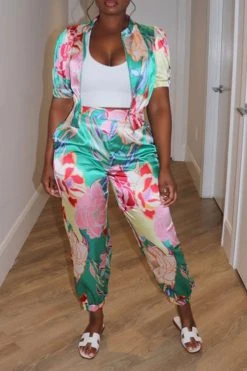 Floral Print Stylish Zipper Pant Suit -Clothing-PrettyTina C23060591 R2 1