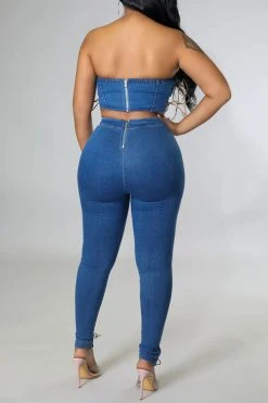 Solid Color Punk Strappy Denim Pant Suit -Clothing-PrettyTina C23060595 BL 3