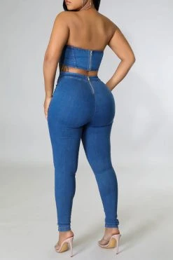 Solid Color Punk Strappy Denim Pant Suit -Clothing-PrettyTina C23060595 BL 4