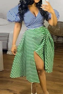 Striped Girly Drawstring Irregular Dress Suit