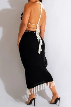 Crochet Butterfly Patchwork Pretty Tassel Dress Suit -Clothing-PrettyTina C23060996 BK 2