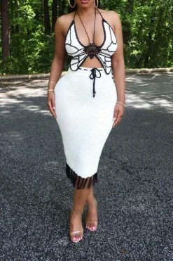 Crochet Butterfly Patchwork Pretty Tassel Dress Suit -Clothing-PrettyTina C23060996 WH 3