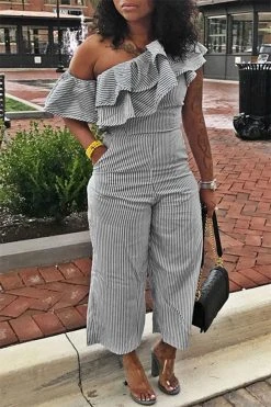 Striped Oblique Collar Pretty Ruffle Jumpsuit 17 Striped Oblique Collar Pretty Ruffle Jumpsuit -Clothing-PrettyTina C23061225 BK 1