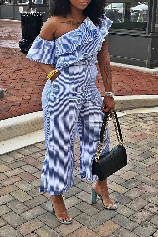 Striped Oblique Collar Pretty Ruffle Jumpsuit 2 Striped Oblique Collar Pretty Ruffle Jumpsuit - Image 2