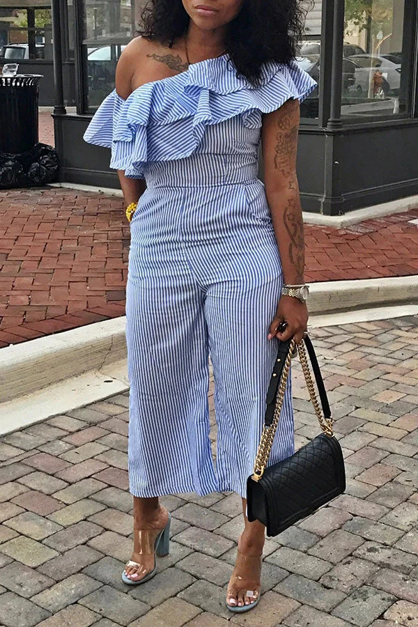 Striped Oblique Collar Pretty Ruffle Jumpsuit 3 Striped Oblique Collar Pretty Ruffle Jumpsuit - Image 3