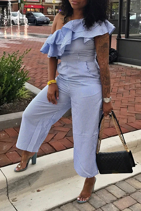 Striped Oblique Collar Pretty Ruffle Jumpsuit 4 Striped Oblique Collar Pretty Ruffle Jumpsuit - Image 4