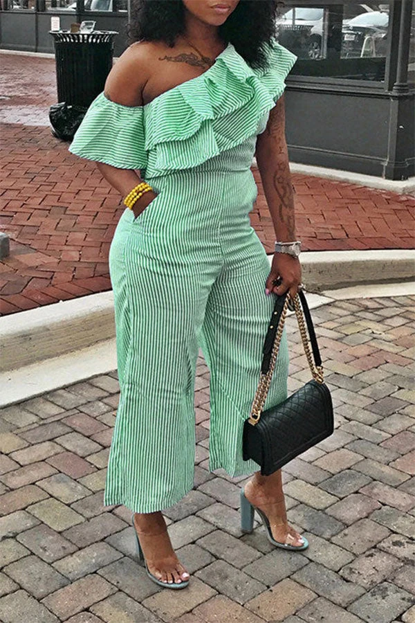 Striped Oblique Collar Pretty Ruffle Jumpsuit 8 Striped Oblique Collar Pretty Ruffle Jumpsuit - Image 8