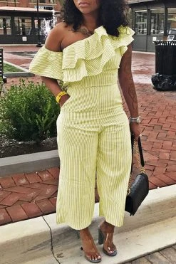 Striped Oblique Collar Pretty Ruffle Jumpsuit 22 Striped Oblique Collar Pretty Ruffle Jumpsuit -Clothing-PrettyTina C23061225 YE 1