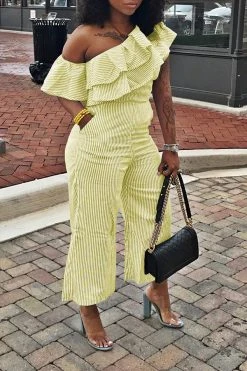 Striped Oblique Collar Pretty Ruffle Jumpsuit 23 Striped Oblique Collar Pretty Ruffle Jumpsuit -Clothing-PrettyTina C23061225 YE 2