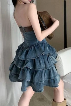 Gradient Girly Belted Tiered Ruffle Denim Mini Dress -Clothing-PrettyTina C23061250 BL 3