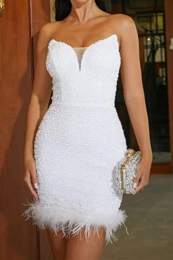 Sequined Bandeau Romantic Feather Hem Mini Dress